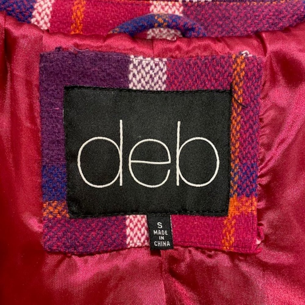 DEB Vintage 80's Trench Style Pea Coat Wool Blend Plaid Hood, size Small - Picture 12 of 15